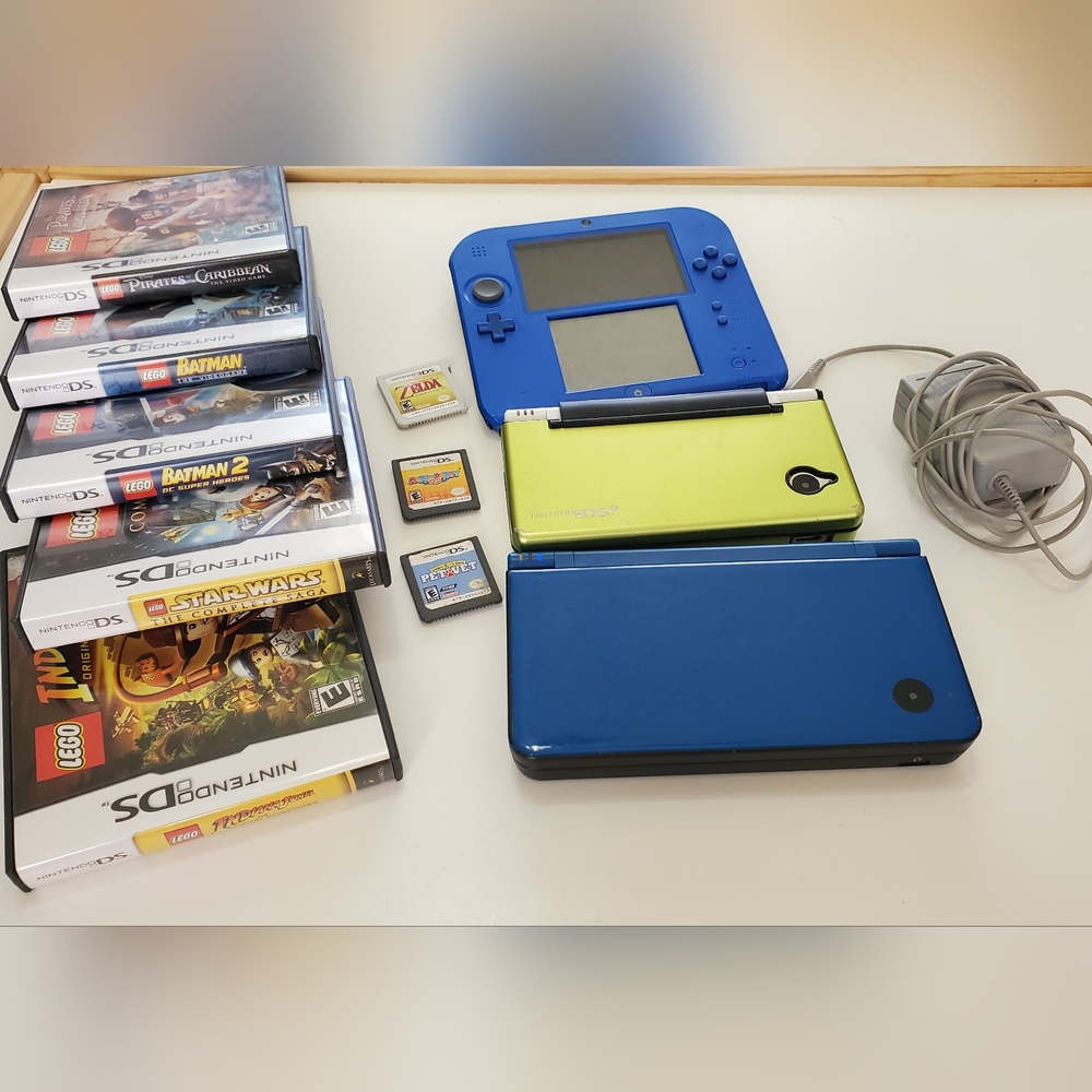 Nintendo white DS, blue 2DS (plays 3DS games), DSXL, 8 games, charging cord LOT